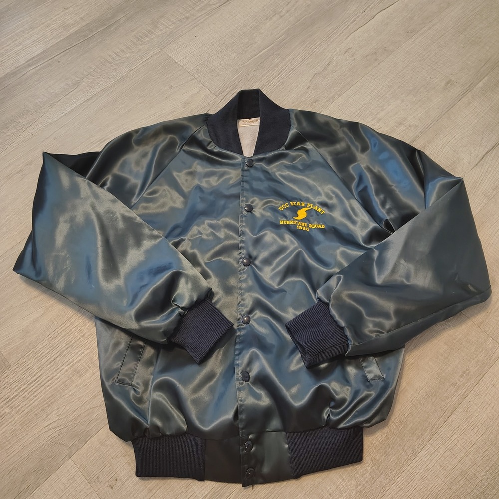 Vintage 1990 Auburn Sportswear Satin Bomber Jacket Navy Blue UCC Star Plant M
